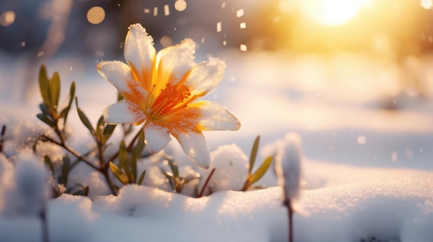 une fleur couverte de neige avec le soleil brillant en arrière-plan