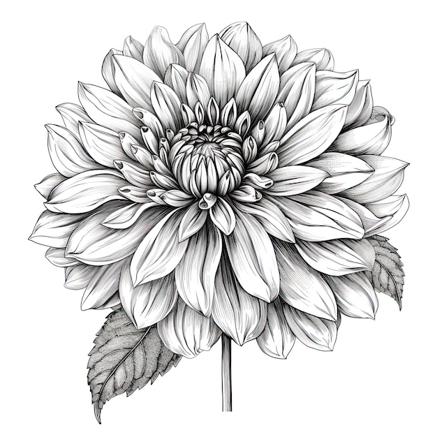 Fleur de dahlia blanc noir dessin illustration dessin au trait isolé livre de coloriage Floral blanc