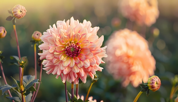 Fleur de dahlia dans le champ avec un fond flou