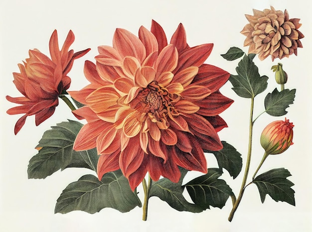 Fleur de dahlia Illustration botanique Chrysanthème Peinture réaliste Illustration IA générative abstraite