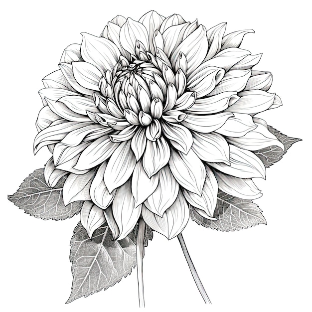 Photo fleur de dahlia noir et blanc dessin illustration avec dessin au trait sur fond blanc ai générative