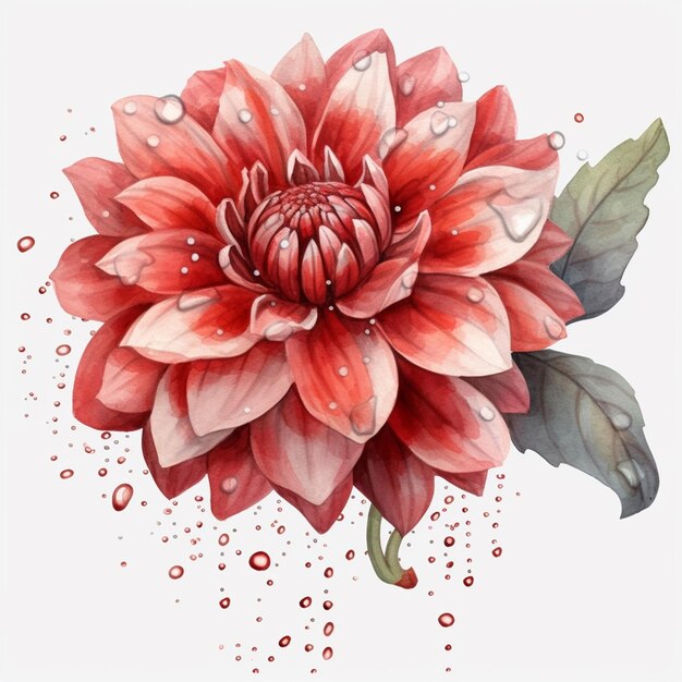 Une fleur de dahlia rouge à l'aquarelle sur fond blanc.