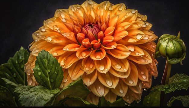 Photo fleur de dahlia vibrante dans un jardin humide orné de gouttes de rosée générées par l'intelligence artificielle