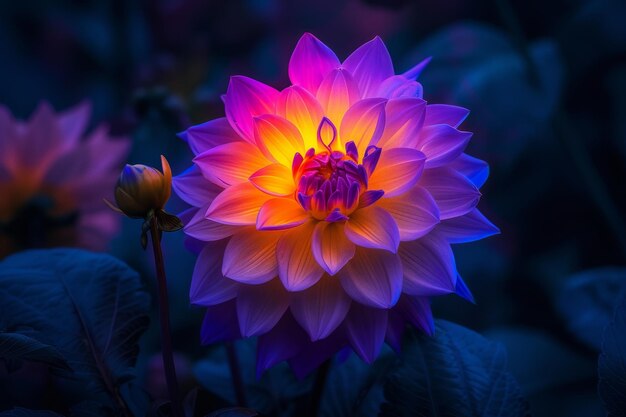 Une fleur de dahlia vibrante éclairée par un éclairage humeurné