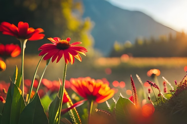 Une fleur dans un champ de fleurs avec des montagnes en arrière-plan.