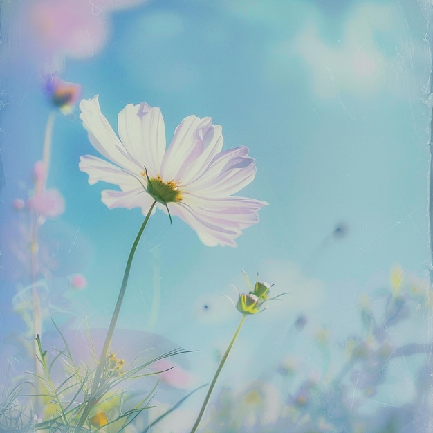 une fleur dans un champ avec un fond de ciel bleu