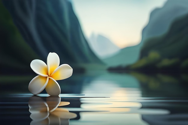 une fleur dans l'eau avec des montagnes en arrière-plan