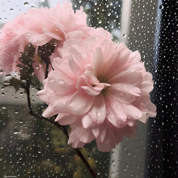 Une fleur dans une fenêtre avec des gouttes de pluie dessus