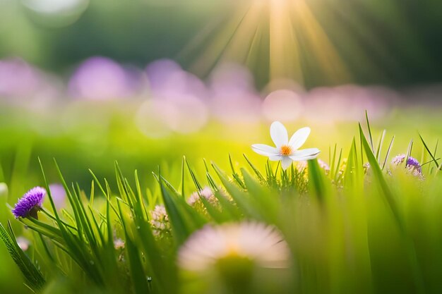 une fleur dans l'herbe avec le soleil derrière elle