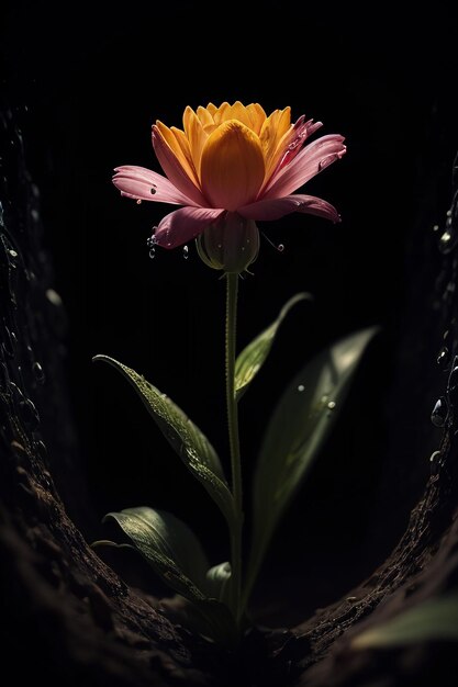 Une fleur dans le noir avec des gouttes d'eau dessus