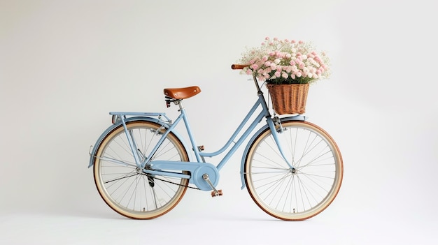 fleur dans le panier d'un vélo vintage sur un fond clair