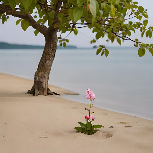 Photo une fleur dans le sable avec un arbre en arrière-plan
