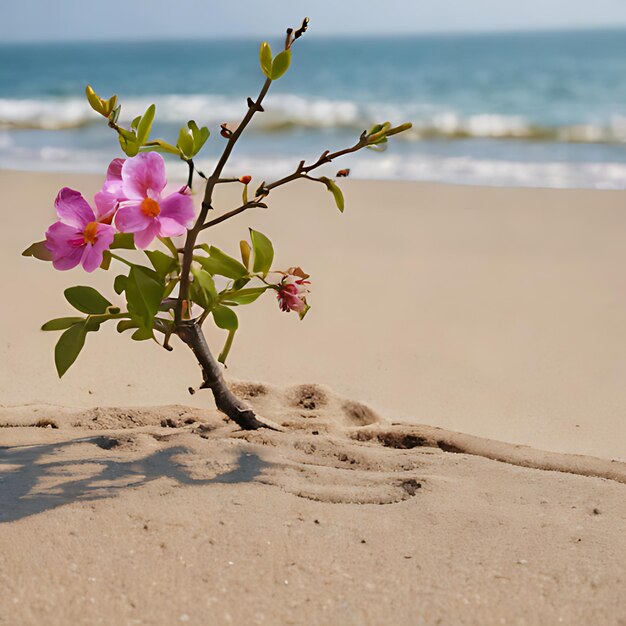 une fleur dans le sable a un dessin dedans