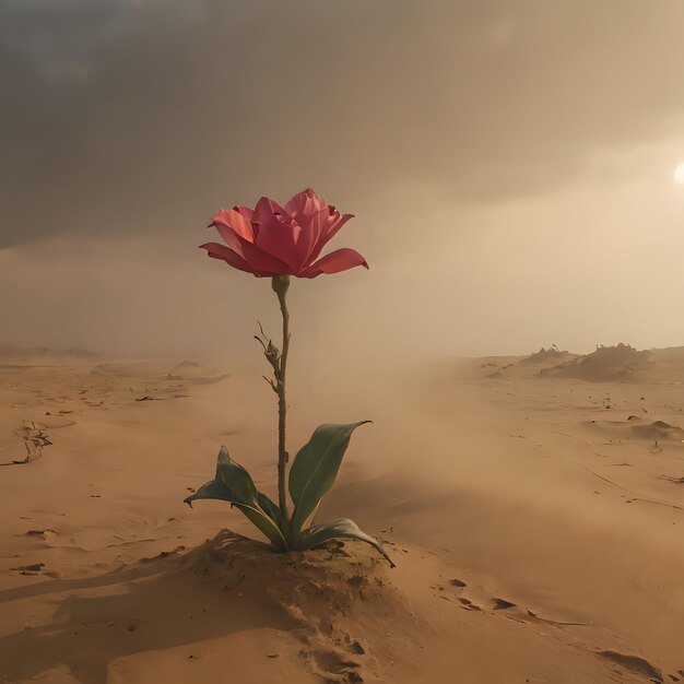 une fleur dans le sable avec le soleil derrière elle