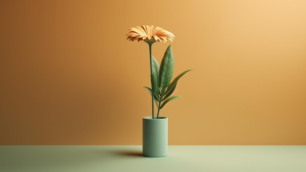 Une fleur dans un vase sur une table avec un fond orange.