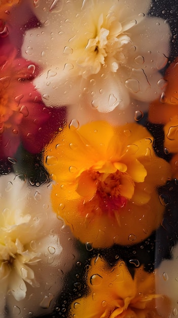 Une fleur dans un verre avec des gouttes d'eau