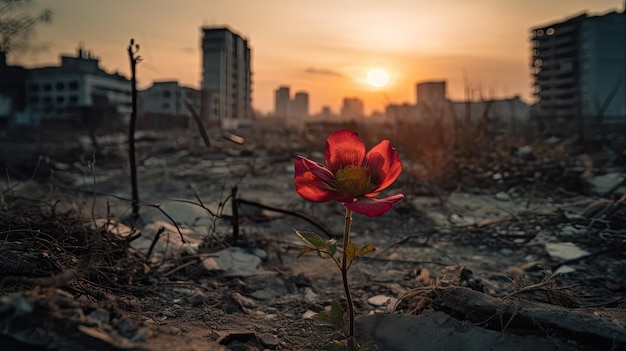 Une fleur dans une ville en ruine