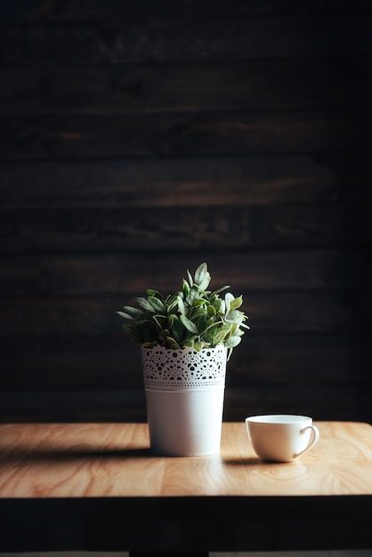 Fleur décorative en pot blanc.