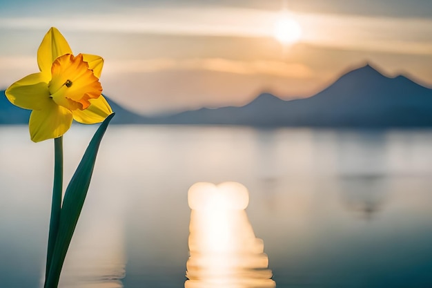 Une fleur devant un coucher de soleil