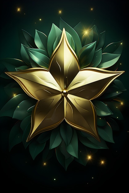 une fleur dorée avec des feuilles vertes sur fond noir Peinture DigitalArt d'une étoile