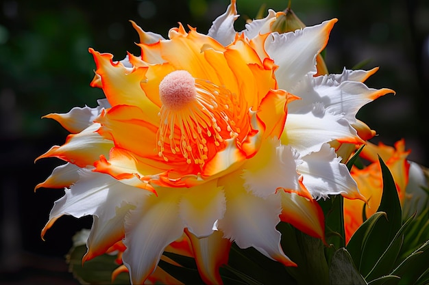 La fleur du fruit du dragon en pleine floraison jaune et orange vibrant comme une fleur de lily sur un fond blanc