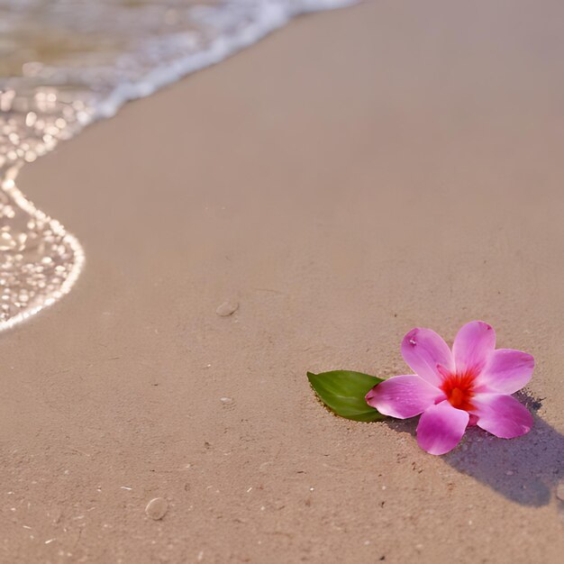 Une fleur est sur la plage et l'eau est étincelante