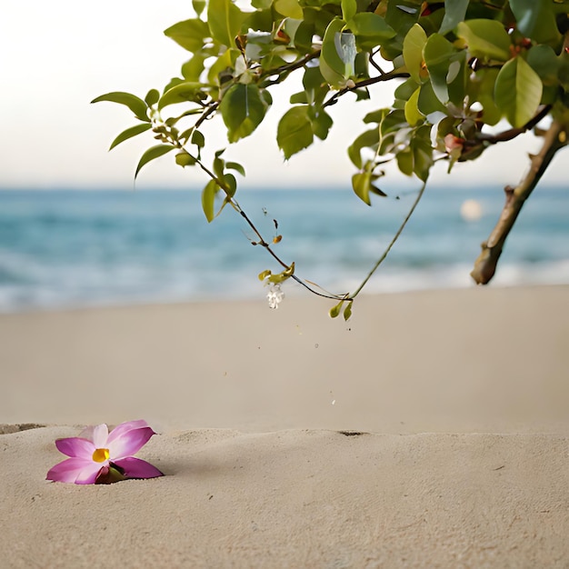 une fleur est sur le sable et l'eau coule d'elle