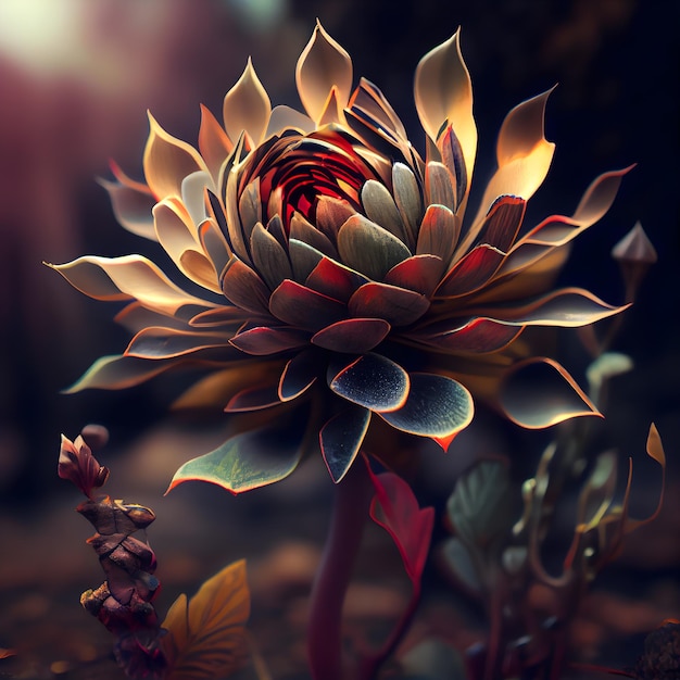 Fleur fantastique dans l'illustration 3D de la forêt sombre