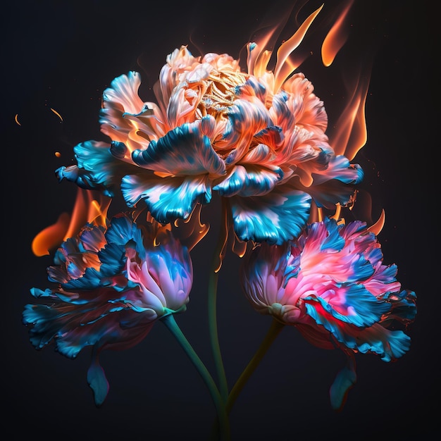 Une fleur en feu sur fond bleu