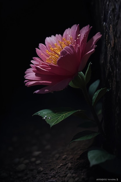 Une fleur avec une feuille verte dessus