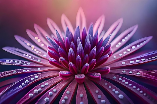 fleur en filigrane lilas bordeaux réaliste dans la rosée de l'arc-en-ciel avec des pointes enneigées et des paillettes de diamant