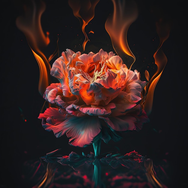 Une fleur avec des flammes dessus qui est éclairée par des flammes.