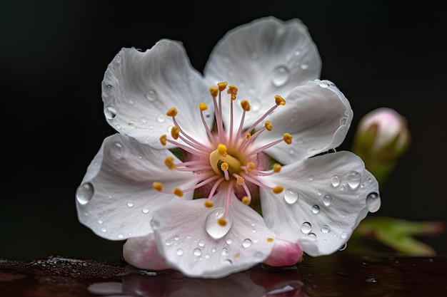 Fleur de fleur de cerisier avec une goutte de rosée sur son pétale créé avec une IA générative