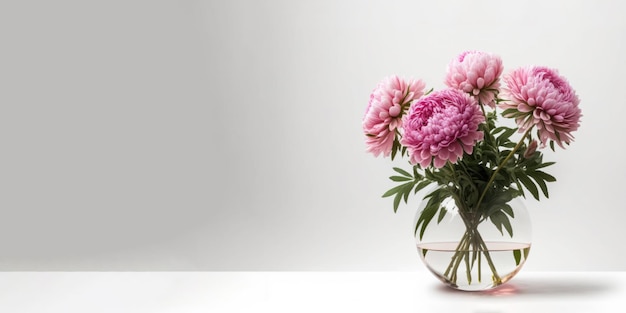 Fleur de fleur rose dans un vase en verre sur une table avec un fond blanc Copier l'espace