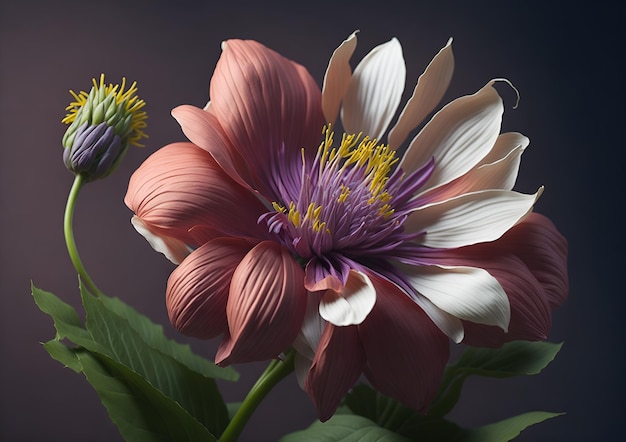 Une fleur avec une fleur violette et blanche