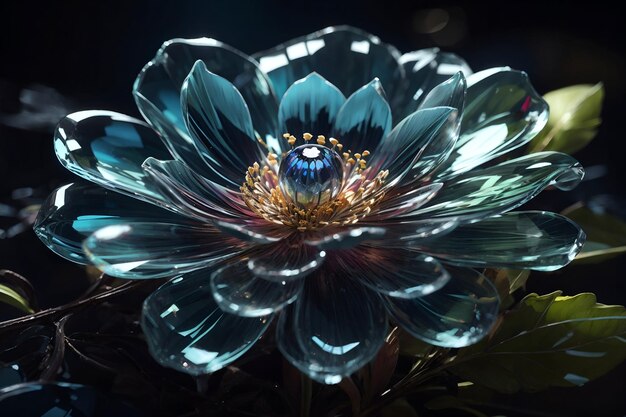 Photo une fleur fleurissante faite de verre de cristal sur un fond sombre