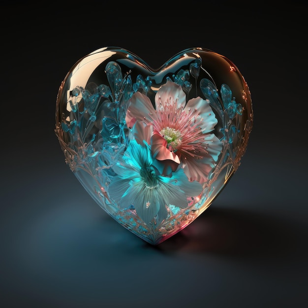 Fleur florale en verre de diamant coeur 3d avec cristal de couleur cyan et rose créé avec l'IA générative