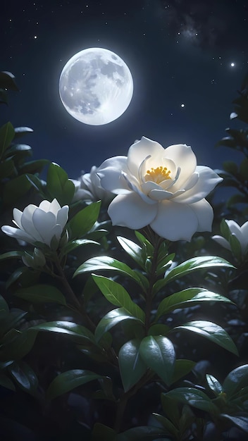 Photo fleur de gardénia avec la lune en arrière-plan la nuit