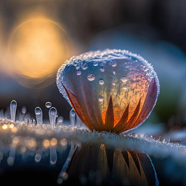 Photo une fleur gelée avec des gouttes de rosée dessus