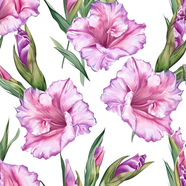 Fleur de gladiole à l'aquarelle avec des feuilles à motif sans couture