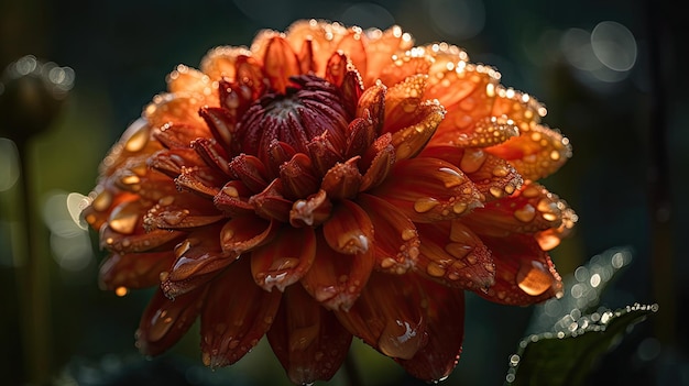 Une fleur avec des gouttelettes d'eau dessus