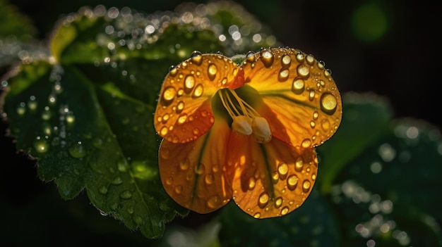 Une fleur avec des gouttelettes d'eau dessus