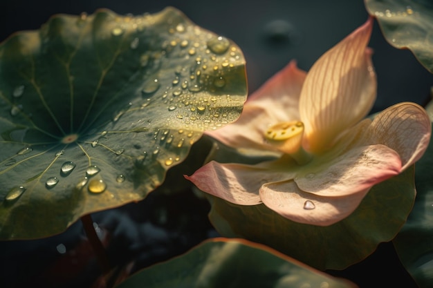 Une fleur avec des gouttelettes d'eau dessus