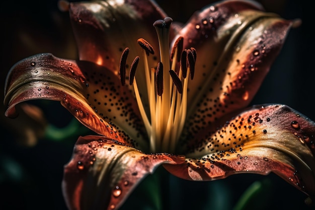 Une fleur avec des gouttelettes d'eau dessus