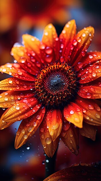 une fleur avec des gouttes d'eau dessus et des gouttelettes d'eau sur elle