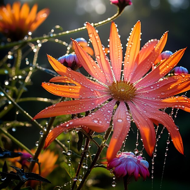 Photo une fleur avec des gouttes d'eau dessus et les goutts d'eau sur elle.