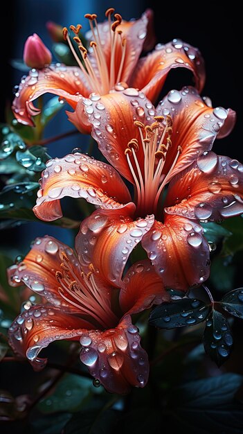 une fleur avec des gouttes d'eau dessus et la pluie dessus