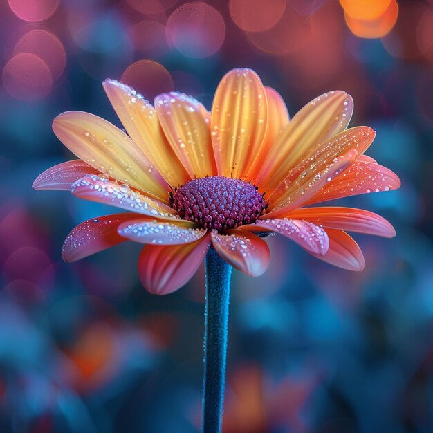 une fleur avec des gouttes d'eau dessus et le soleil brillant dessus