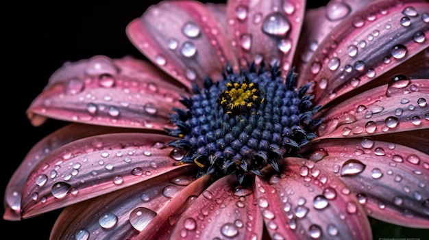 Une fleur avec des gouttes d'eau dessus