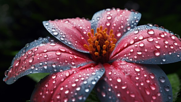 Une fleur avec des gouttes d'eau dessus